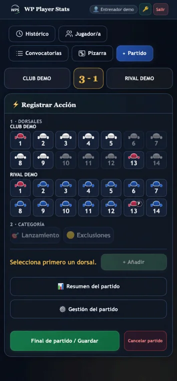 Entrenador/a · Introducción de datos desde el móvil en WP Player Stats