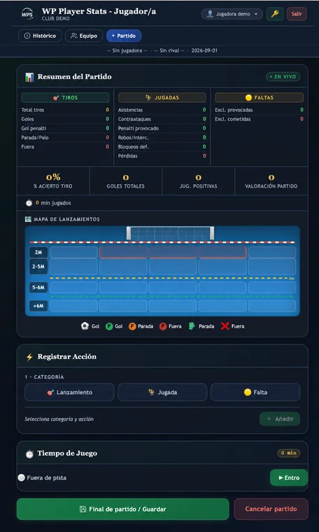 Jugador/a · Pantalla principal antes del partido en WP Player Stats