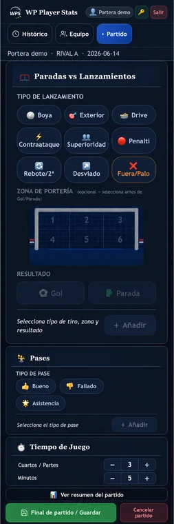 Portero/a · Introducción de datos desde el móvil en WP Player Stats